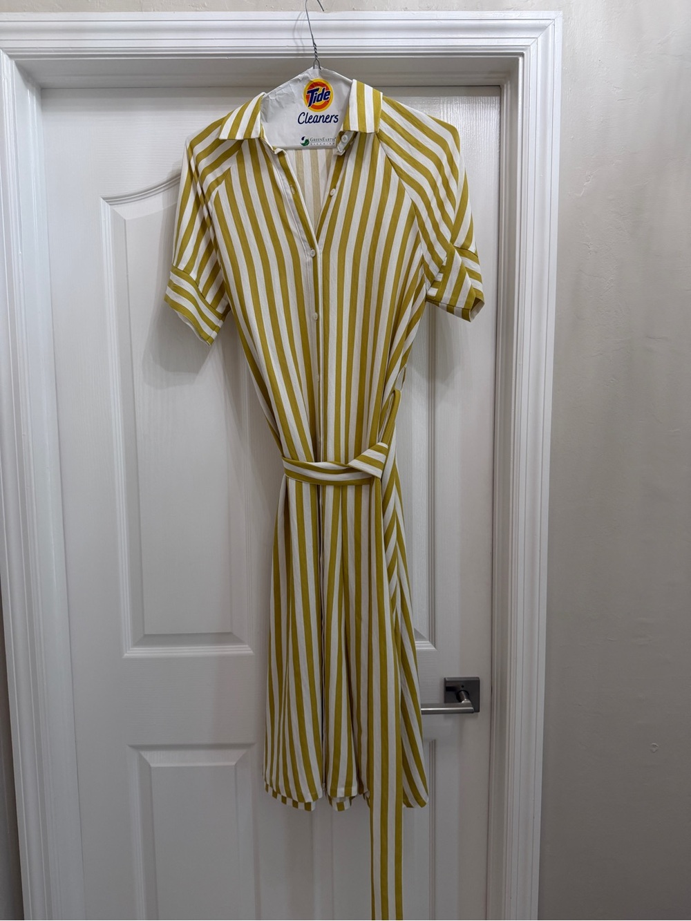 Jacqui E Yellow and White Striped Midi Shirt Dress
